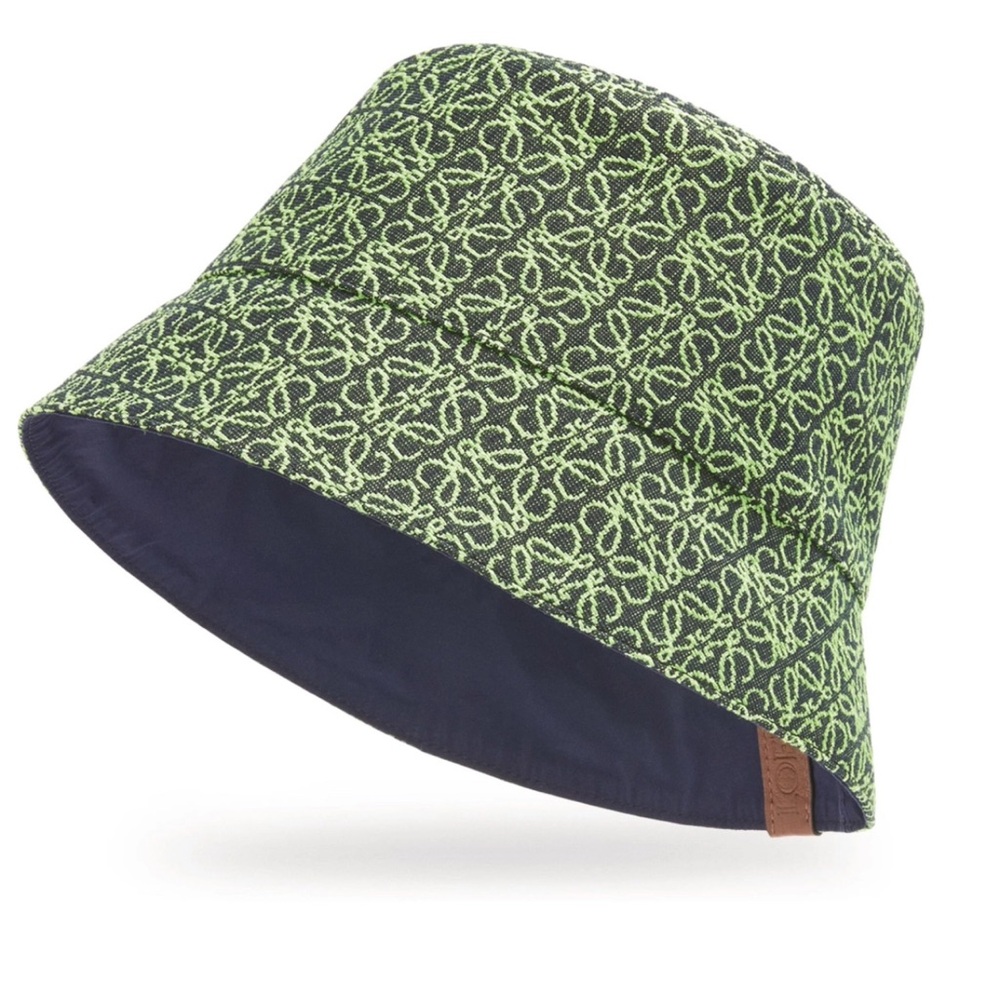 Loewe Green Patterned Bucket Hat reversible, navy blue on the inside, 100% AUTH
